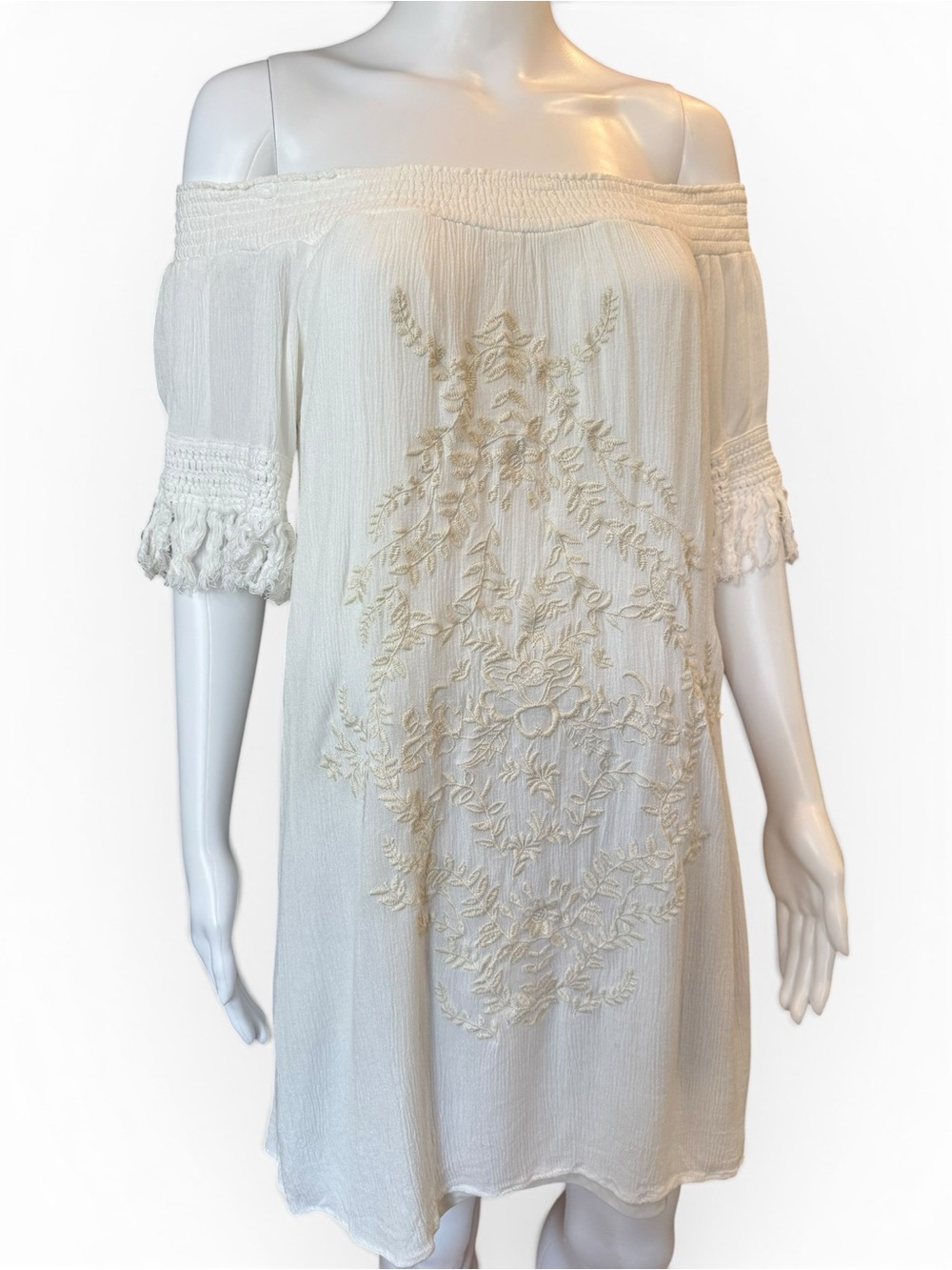 Xhilaration White Embroidered Fringe Sleeve Off-Shoulder Dress | Size L